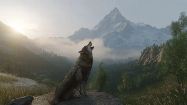 A dramatic mountain scene in this realistic howling wolf background where the beast howls into mist.