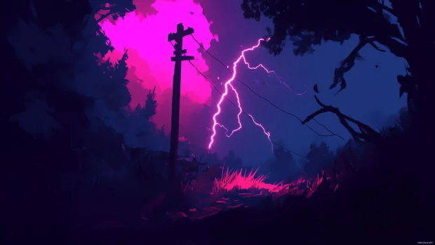 A dramatic night sky during a thunderstorm, showcasing vibrant lightning bolts illuminating the horizon.