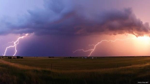 A dramatic night sky during a thunderstorm, showcasing vibrant lightning bolts illuminating the horizon.