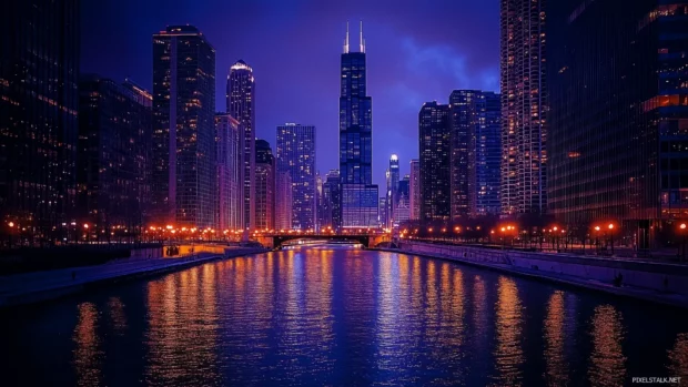 A dramatic nighttime Chicago skyline with lit up skyscrapers reflecting in the Chicago River, showcasing the city vibrant energy.
