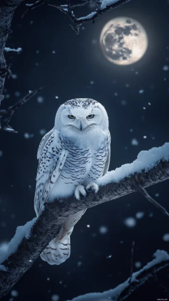 A dramatic nighttime scene with an owl captured mid blink under moonlight.