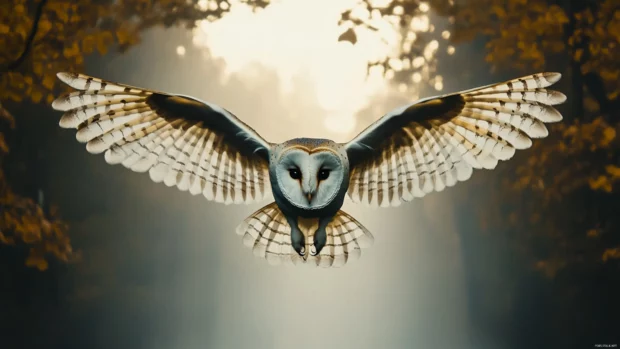 A dramatic overhead shot of the Barn Owl soaring through mist.