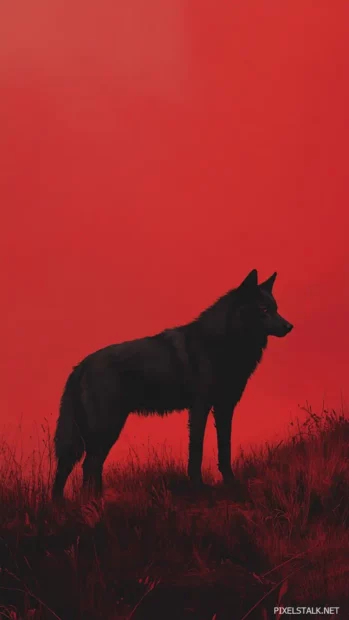 A dramatic perspective of a black wolf standing tall against a red horizon.