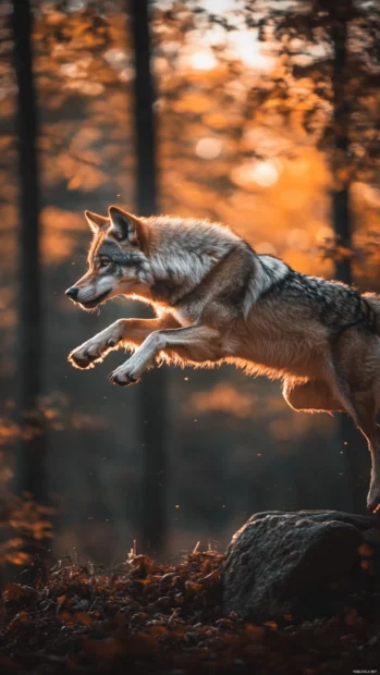 A dramatic perspective of a wolf leaping into a beam of divine light in a dark forest.