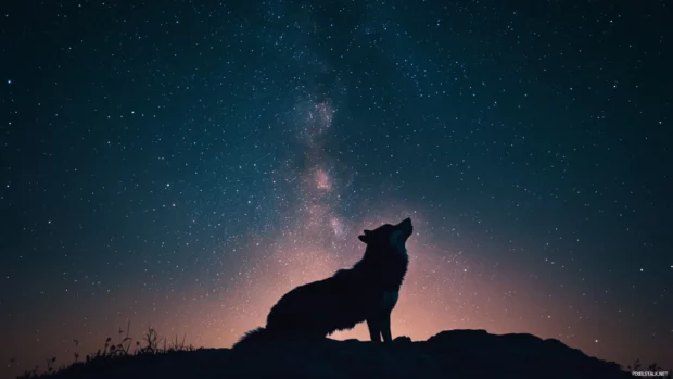 A dramatic shot of a wolf silhouetted by the Milky Way on a hilltop.
