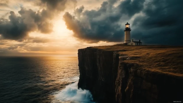A dramatic sky above a cliffside lighthouse, with sunlight piercing storm clouds.