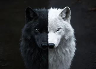 A dramatic split frame minimalist wolf wallpaper with one black wolf and one white wolf mirrored.