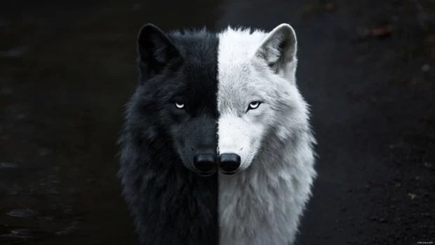 A dramatic split frame minimalist wolf wallpaper with one black wolf and one white wolf mirrored.