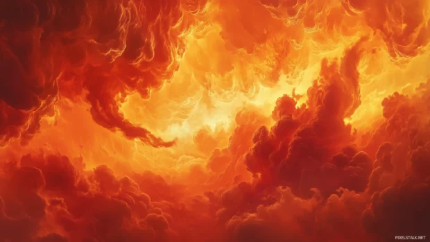 A dramatic sunrise sky with fiery orange and red hues reflecting on soft, wispy clouds.