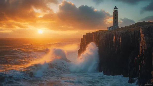 A dramatic sunset behind a lighthouse on a rugged cliff, with waves crashing below.