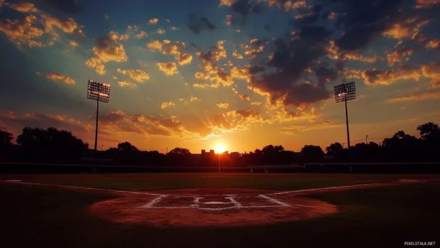 A dramatic sunset casting long shadows on the diamond enhanced by Baseball sunset game wallpaper.