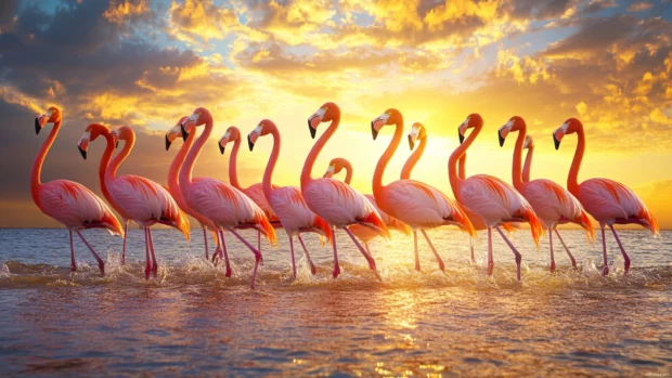 A dramatic twilight sky behind a line of flamingos moving slowly through warm shallow waters.