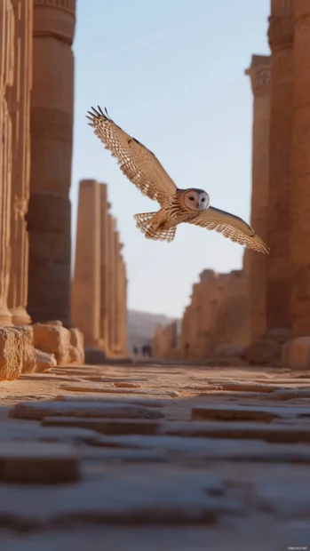 A dramatic vertical frame of an owl mid flight through ancient ruins at dusk.