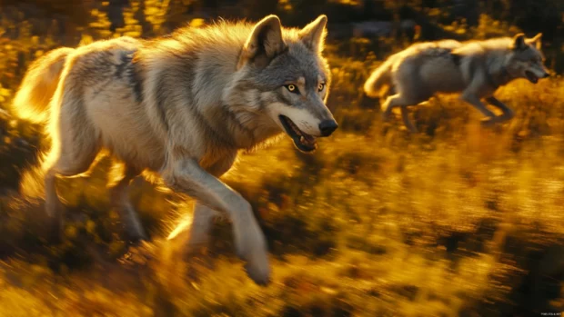 A dramatic wolf chase across the tundra with blur trails and sharp lighting.