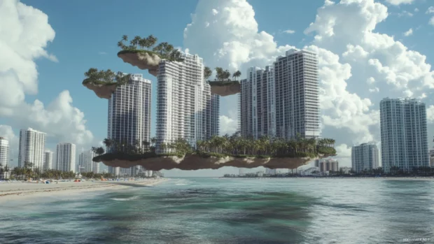A dreamlike Miami Beach scene with floating islands and surreal elements.