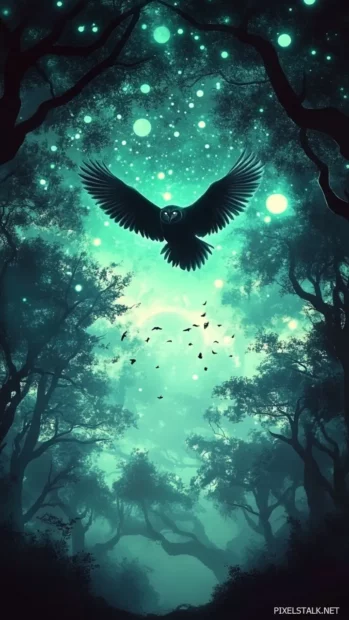 A dreamlike forest scene where the owl flies between floating orbs of light.