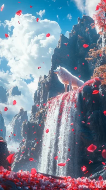 A dreamlike vertical scene of a white wolf standing over a waterfall filled with floating petals.