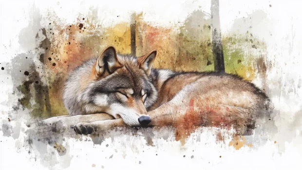 A dreamlike watercolor wolf wallpaper showing a resting wolf beneath abstract forest textures.