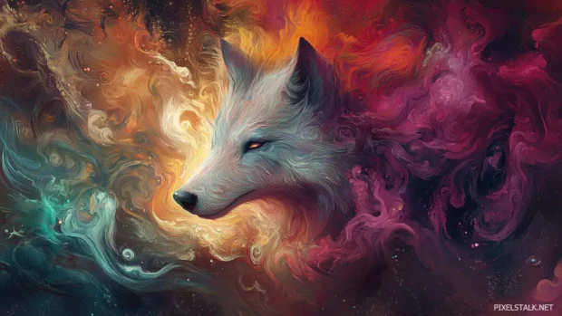 A dreamlike wolf face painted using vibrant smoke like swirls and textured brush strokes.