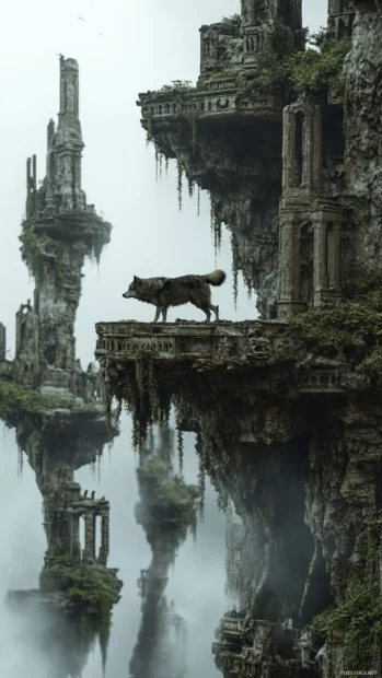 A dreamlike wolf walking across floating ruins that stretch vertically into the sky.