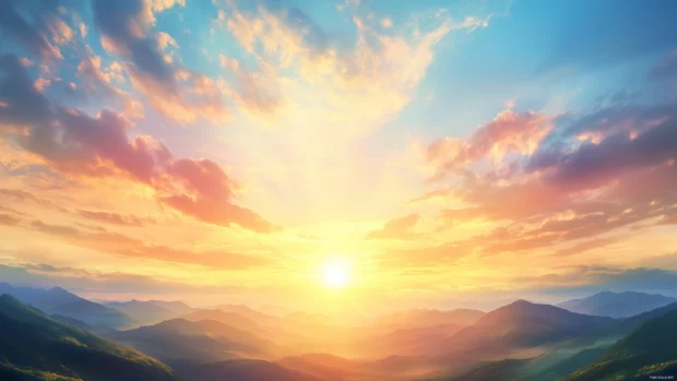 A dreamy Anime sky filled with soft pastel clouds, illuminated by a golden sun setting behind distant mountains.