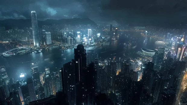 A dreamy aerial view of a night city wallpaper 4k with bustling lights.