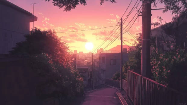 A dreamy anime city view with minimal details, emphasizing soft colors and a peaceful atmosphere.