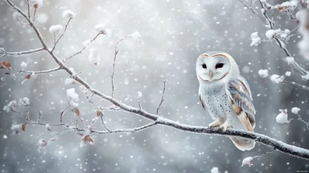 A dreamy atmosphere with falling snow and a Barn Owl watching from a tree branch.