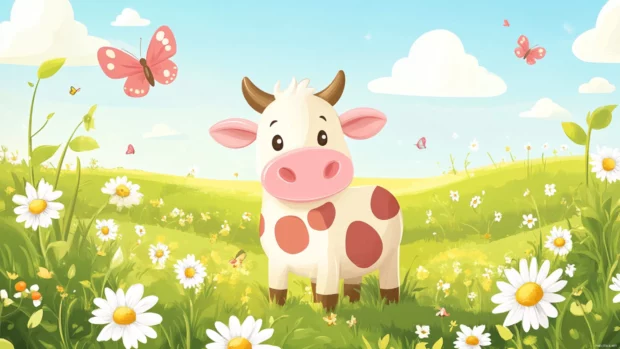 A dreamy farm scene in Kawaii Pink Cow background with daisies and butterflies.
