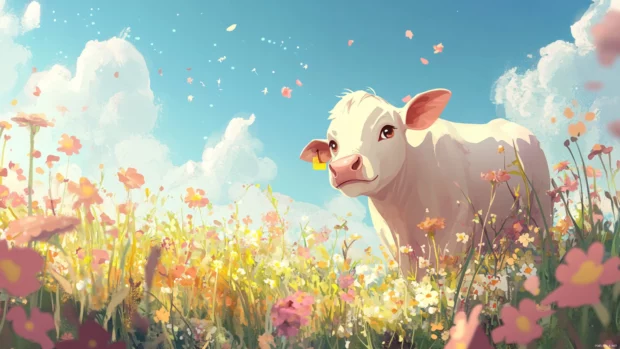 A dreamy flower field featuring a grazing cow in this Pastel Kawaii Cow background.