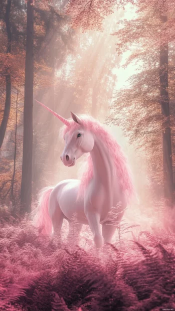 A dreamy forest filled with pink mist surrounds the unicorn in this Pink Unicorn wallpaper.