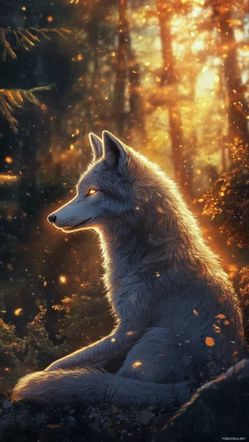 A dreamy forest surrounds a sitting white wolf, glowing softly.