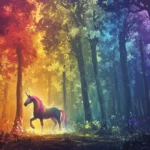 A dreamy forest with tall pastel trees where a unicorn appears glowing in rainbow light.