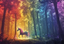 A dreamy forest with tall pastel trees where a unicorn appears glowing in rainbow light.