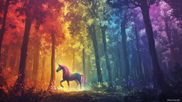 A dreamy forest with tall pastel trees where a unicorn appears glowing in rainbow light.