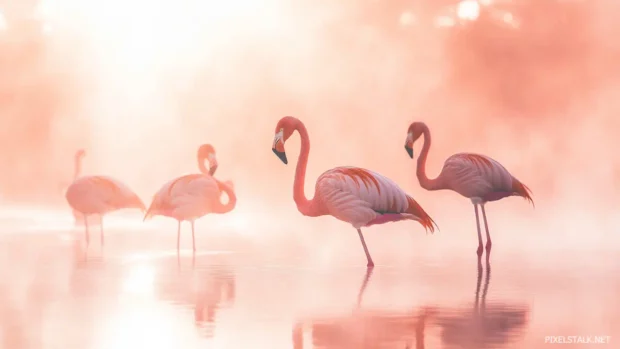 A dreamy misty lake scene with flamingos, soft pink tones throughout.