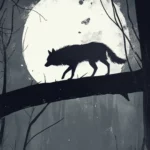 A dreamy night scene with a shadow wolf walking on a beam of moonlight.