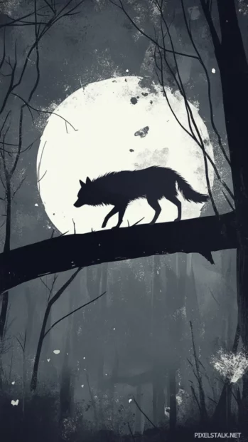 A dreamy night scene with a shadow wolf walking on a beam of moonlight.