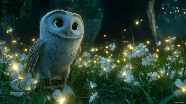 A dreamy owl dancing with glowing fireflies in a night meadow.