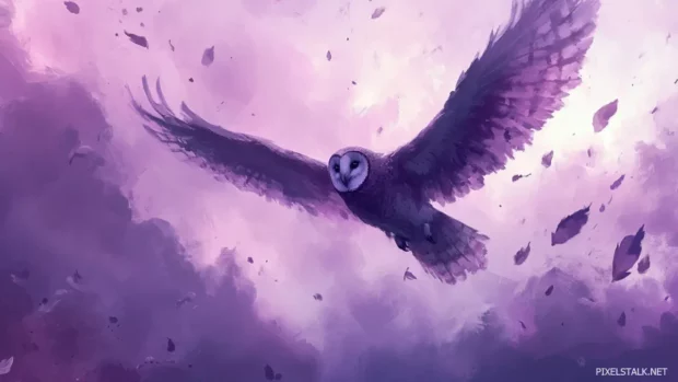 A dreamy owl flying through violet twilight mist, feathers catching soft light.