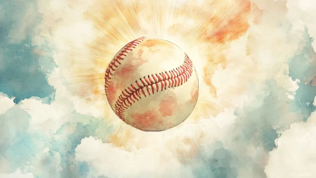 A dreamy pastel baseball surrounded by soft watercolor clouds and golden sun rays, evoking a peaceful artistic aesthetic.