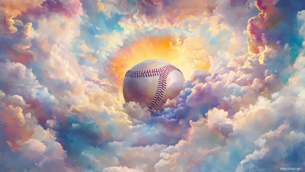 A dreamy pastel baseball surrounded by soft watercolor clouds and golden sun rays, evoking a peaceful artistic aesthetic.