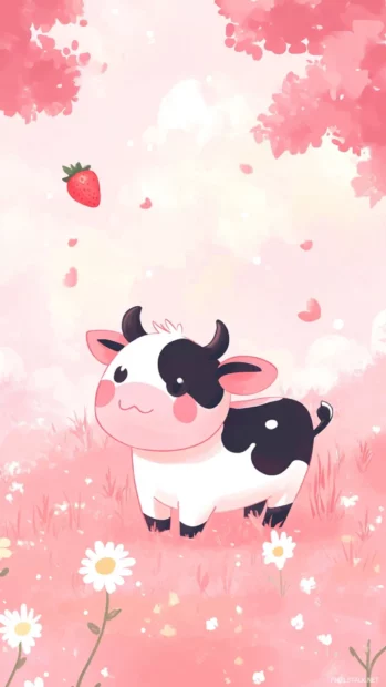 A dreamy pink meadow background for this Kawaii Strawberry Cow wallpaper.