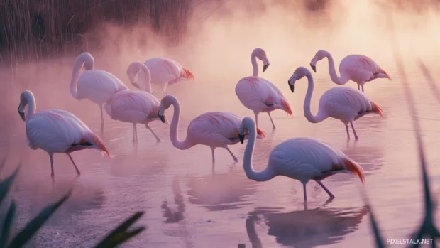 A dreamy pink toned lake scene with soft mist surrounding several flamingos.