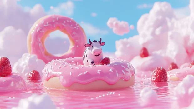 A dreamy scene with Strawberry Cow floating on a pink donut.