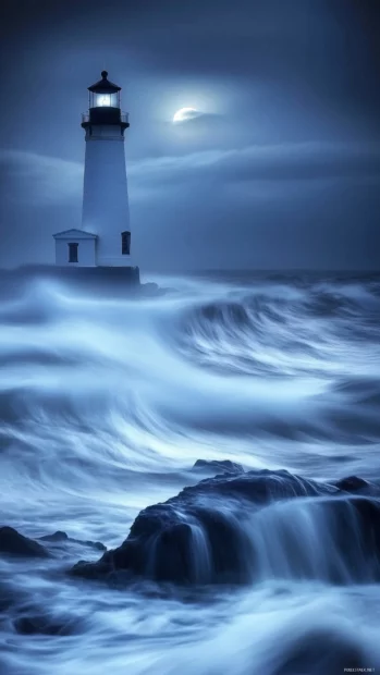 A dreamy seascape featuring a lighthouse casting its beam over gentle waves under the moonlight.