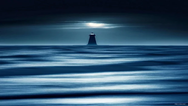 A dreamy seascape featuring a lighthouse casting its beam over gentle waves under the moonlight.