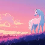 A dreamy sky glows over a unicorn in this Cartoon pastel unicorn background.