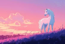 A dreamy sky glows over a unicorn in this Cartoon pastel unicorn background.