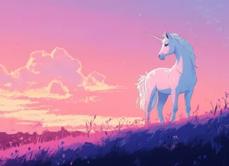 A dreamy sky glows over a unicorn in this Cartoon pastel unicorn background.